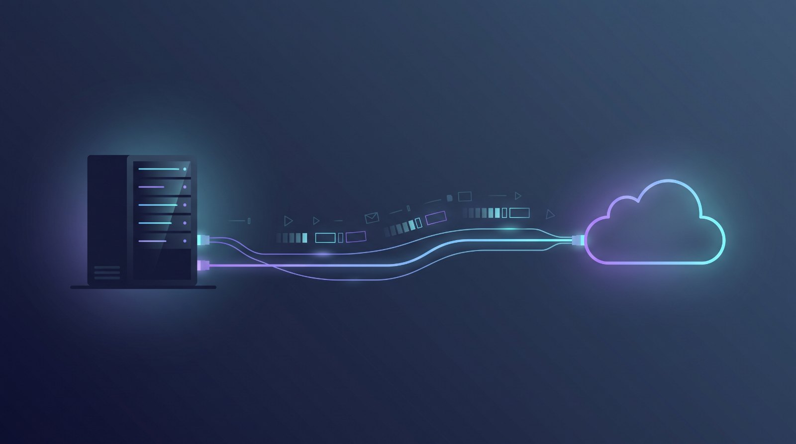 Illustration of a server rack linked by glowing network lines to a cloud, representing bringing your own IPv4 address space into AWS