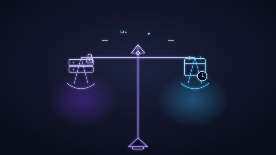 Illustration of a glowing neon balance scale weighing a server block with a padlock against a calendar with a clock, representing buying versus leasing IPv4 address space